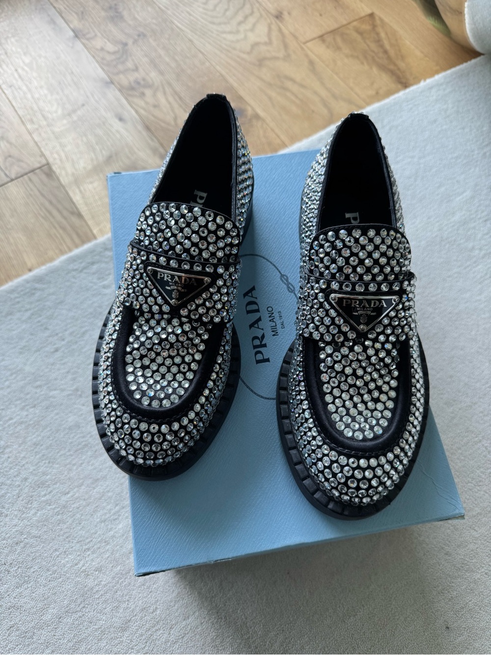 Prada Black Leather Crystal-Studded Loafers